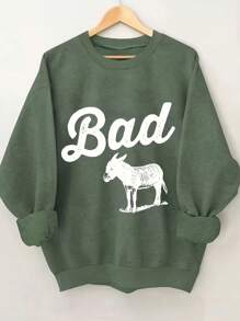 SHEIN EZwear Women's Animal Printed Round Neck Sweatshirt - Army Green - View 1