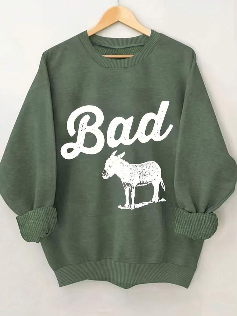 SHEIN EZwear Women's Animal Printed Round Neck Sweatshirt - Army Green - View 1