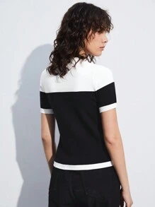 SHEIN BIZwear 女士秋季撞色短袖针织上衣，浪漫优雅日常时尚百搭商务休闲通勤时尚复古风办公室着装，适合女士、教师，针织毛衣 - 黑與白 - 查看 4