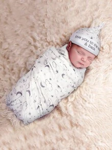 Newborn Baby Boy Galaxy Print Blanket & Hat Photography Prop - White - View 1