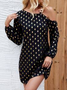 SHEIN LUNE Women's Polka Dot Printed Gold Foil Dress - Black - View 4
