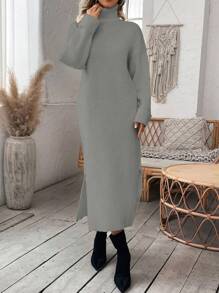 SHEIN Clasi 女士高領側開叉毛衣連衣裙 - 淺灰色 - 查看 3