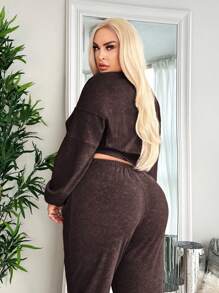 SHEIN SXY 加大碼下垂肩修身短款運動衫 - 咖啡棕 - 查看 2