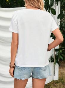 SHEIN VCAY Damen T-shirt Mit Kurzen Ärmeln Und Fransendekoration - Weiss - Übersicht 2