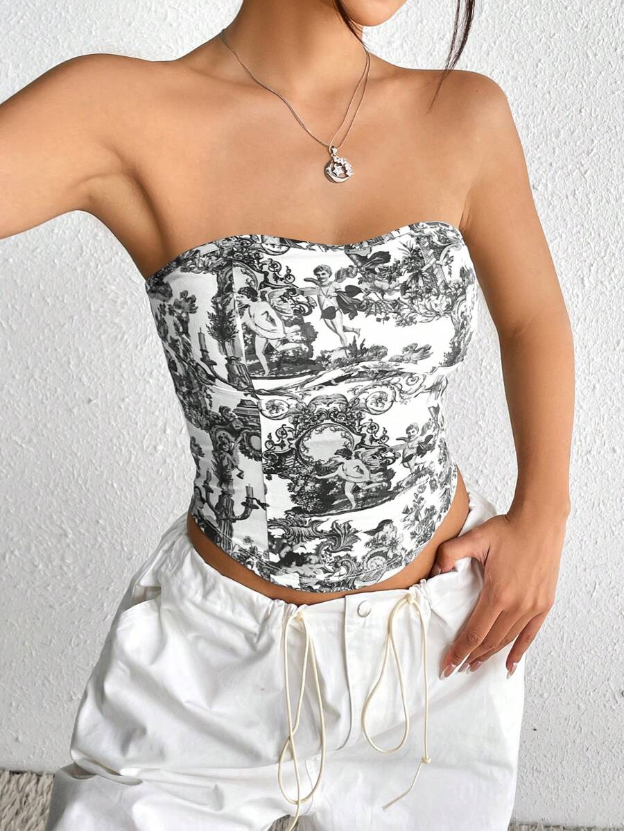 SHEIN EZwear Classical Printed Strapless Top - Black and White - View 1