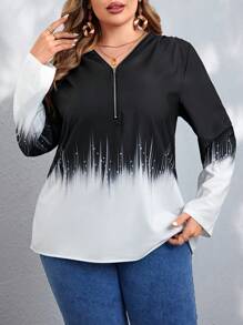 SHEIN LUNE 大尺碼女士對比色拉鍊半扣衬衫 - 黑色 - 查看 1