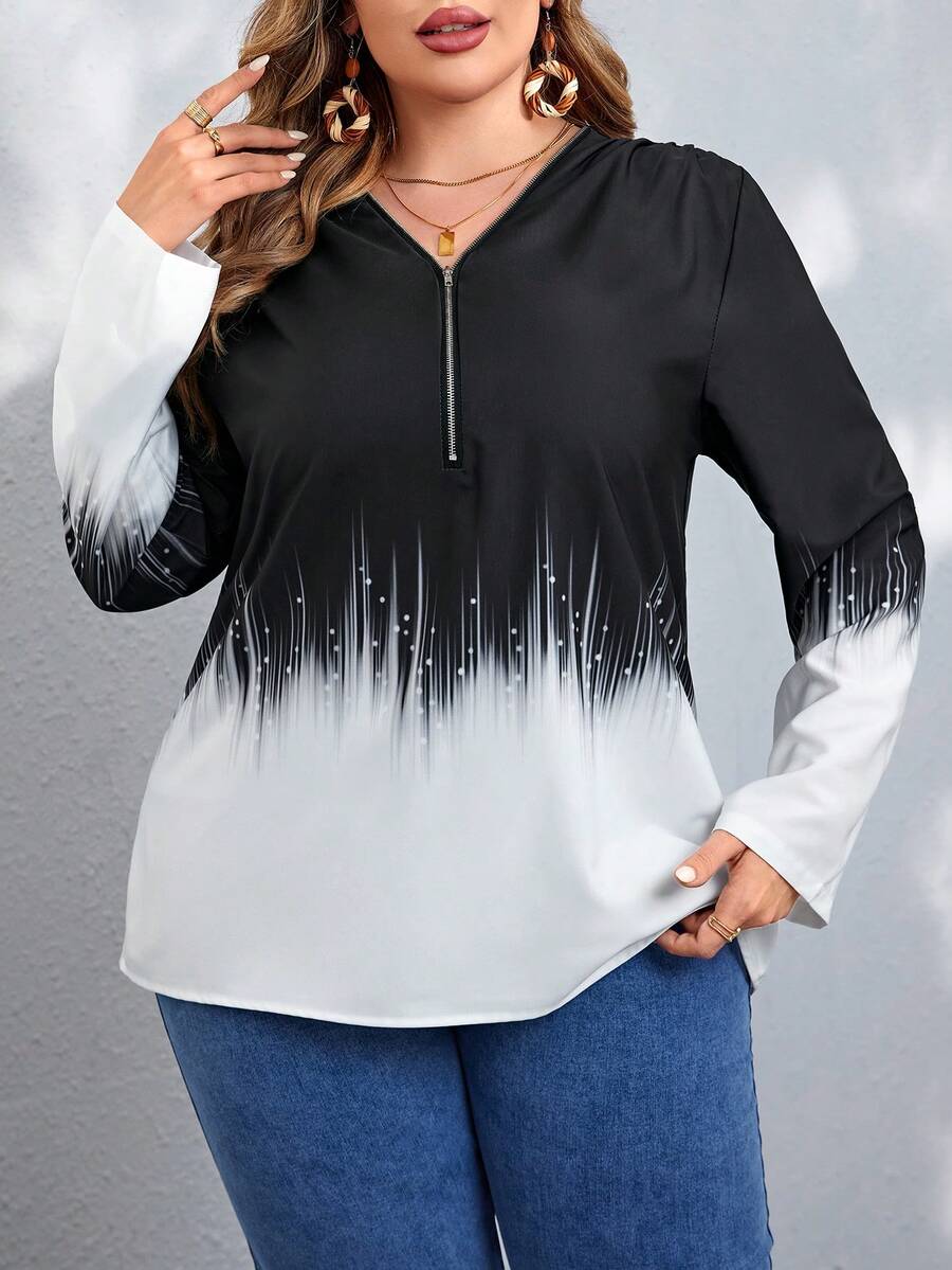 SHEIN LUNE 大尺碼女士對比色拉鍊半扣衬衫 - 黑色 - 查看 1