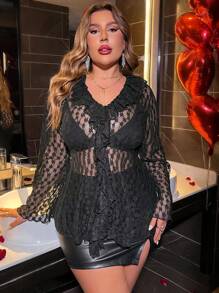 SHEIN Clasi Plus Size V-Neck Sheer Lace Blouse With Ruffle Edge Detail