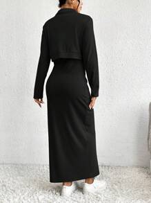 SHEIN Essnce 女式短款翻領外套和cami連衣裙2件套 - 黑色 - 查看 2