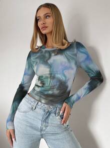 Siren Gaze Women's Printed Long Sleeve Cropped T-Shirt Winter - Blue - View 4