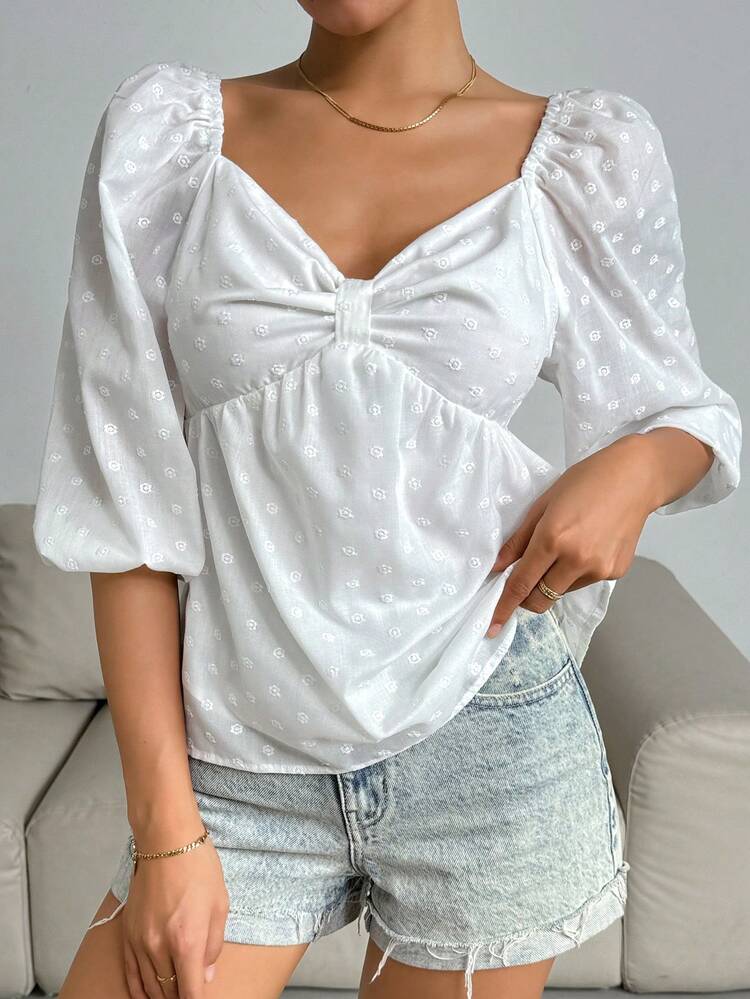 Solid Color Puff Sleeve Shirt With Sweetheart Collar