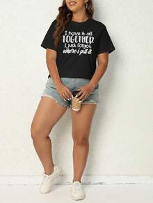 SHEIN EZwear 大尺寸女士口號印花圓領t恤 - 黑色 - 查看 6