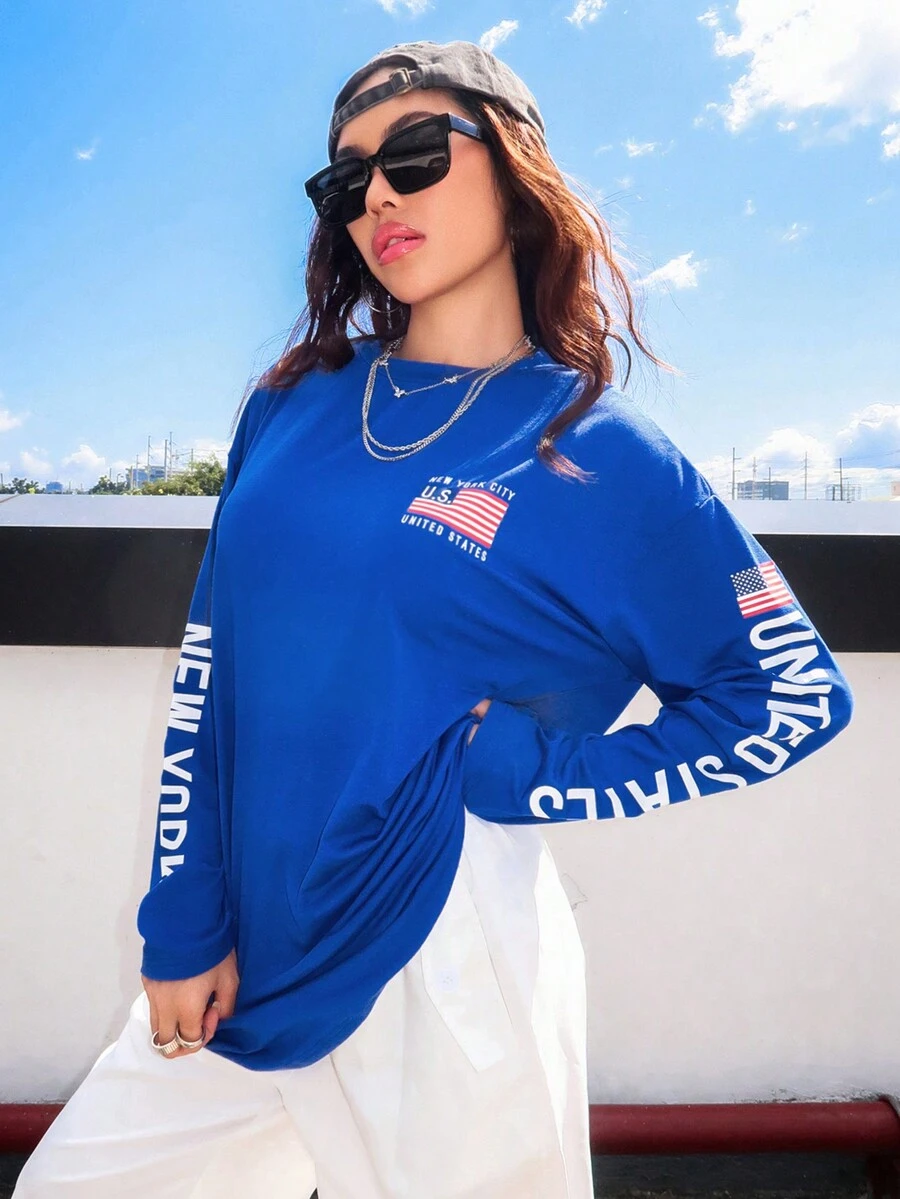 SHEIN EZwear Usa Flag & Letter Printed T-Shirt - Royal Blue - View 1