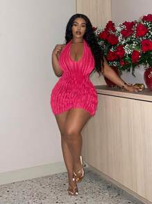 Slaydiva Plus Size Women's Halter Neck Dress - Hot Pink - View 5