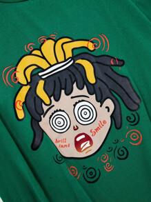 SHEIN 青少年男孩寬鬆休閒圓領卡通圖案t恤 - 綠色 - 查看 5