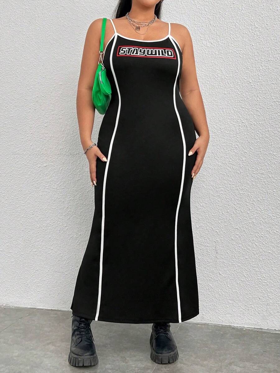 SHEIN EZwear Plus Size Color Block Striped Print Letter Pattern Spaghetti Strap Dress - Black - View 1