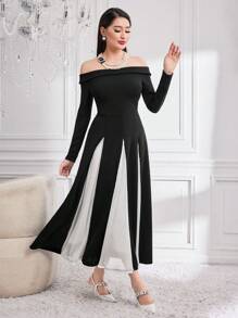 Modelyn Women's Off Shoulder Long Sleeve Colorblock Bodycon Dress Long Evening Dresses - Black and White - View 3