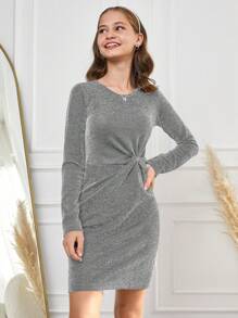 RueChic Teenage Girls' Sparkly Twisted Round Neck Long Sleeve Dress - Grey - View 4