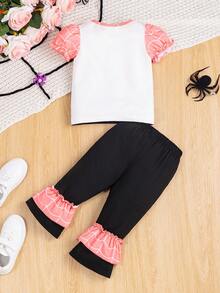 Stylish Baby Girls' Spider Printed Puff Sleeve Round Neck T-Shirt And Flared Pants Set - Black - View 2
