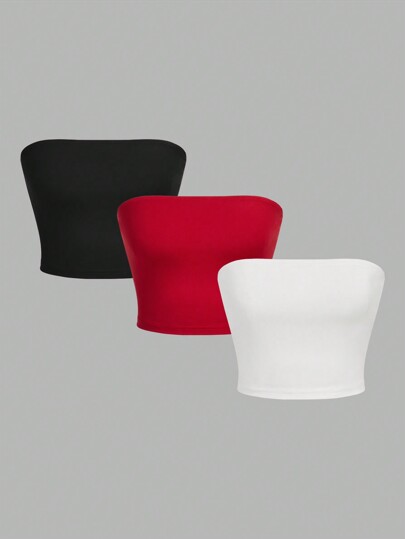 SHEIN EZwear Set de 3 tops cortos ajustados de unicolor minimalista para mujer, apropiados para el verano