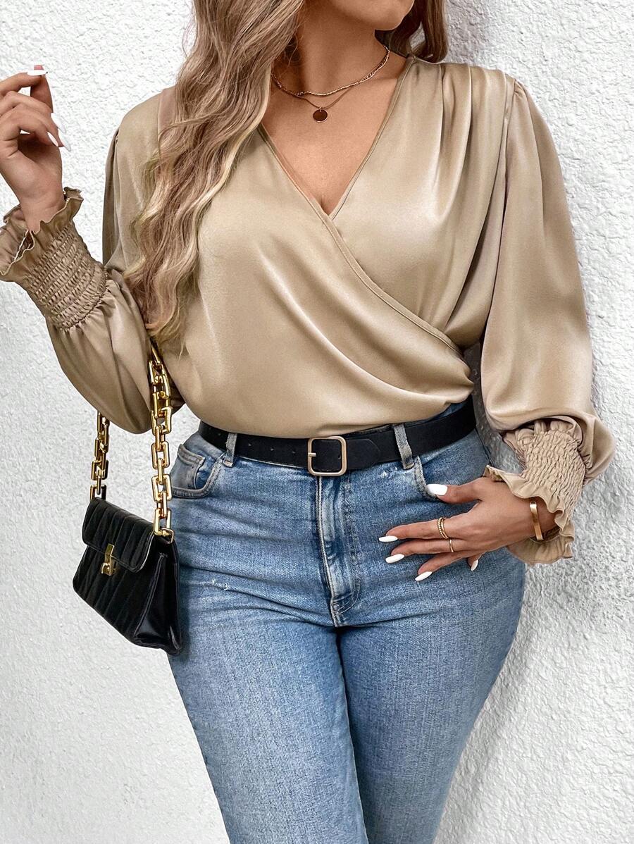 SHEIN Clasi Kích thước lớn Bọc & Xếp li Áo sơ mi - Màu be - Xem 1