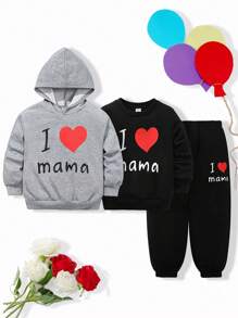 3入組男童休閒舒適圓領運動衫/連帽衫和印有口號和心形圖案的長褲 - 彩色 - 查看 1