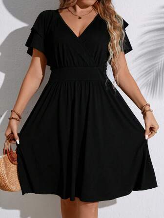 Rometta Plus-Size Women's Deep V-Neck Waist Shirred Dress