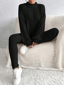 SHEIN Frenchy 女士鋼筋立領長袖t恤和褲子套裝 - 黑色 - 查看 3