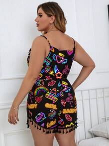 SHEIN Clasi Plus Size Boho Heart Printed Cami Romper With Tassel Hem, For Summer - Multicolor - View 2