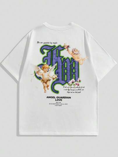 Street Life Camiseta Casual De Manga Corta Para Hombre Con Lema Impreso Y Pequeño Ángel, Ideal Para Primavera Y Verano