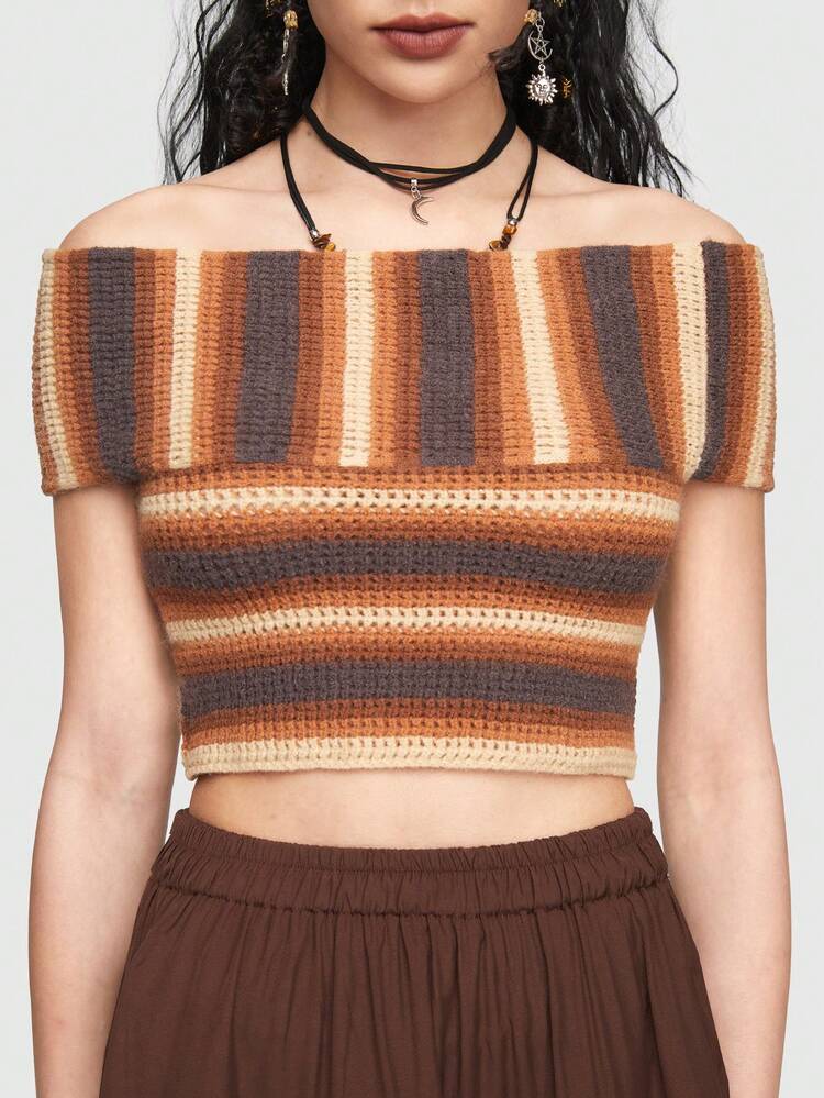 Bohemian Style Women's Open Shoulder Knitted Top With Colorful Stripes