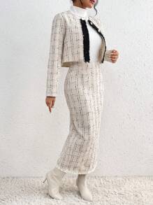 SHEIN Privé Contrast Color Decorated Plaid Thick Coat And A-Line Skirt Two Piece Set - Apricot - View 6