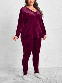 SHEIN LUNE 大尺碼女士長袖絨布套裝 - 玫紅色 - 查看 5