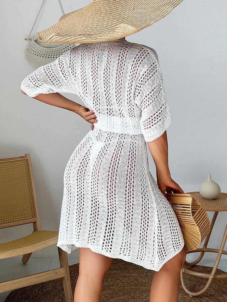 1pc Women's Knit Cover Up Dress With Wrap Neckline And Eyelet Details Summer