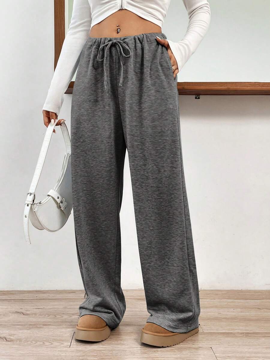 SHEIN EZwear Women's Drawstring Straight Leg Sweatpants - Dark Grey - View 1