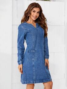 SHEIN LUNE 女士修身牛仔襯領及膝裙子 - 中等水洗藍 - 查看 4