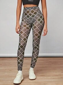 Forever 21 女式復古校園風格格紋鑽石印花彈性修身緊身褲 - 綠色 - 查看 3