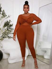 Slaydiva Plus Size Women'S Mesh Contrast Twisted Jumpsuit - Rust Brown - View 5