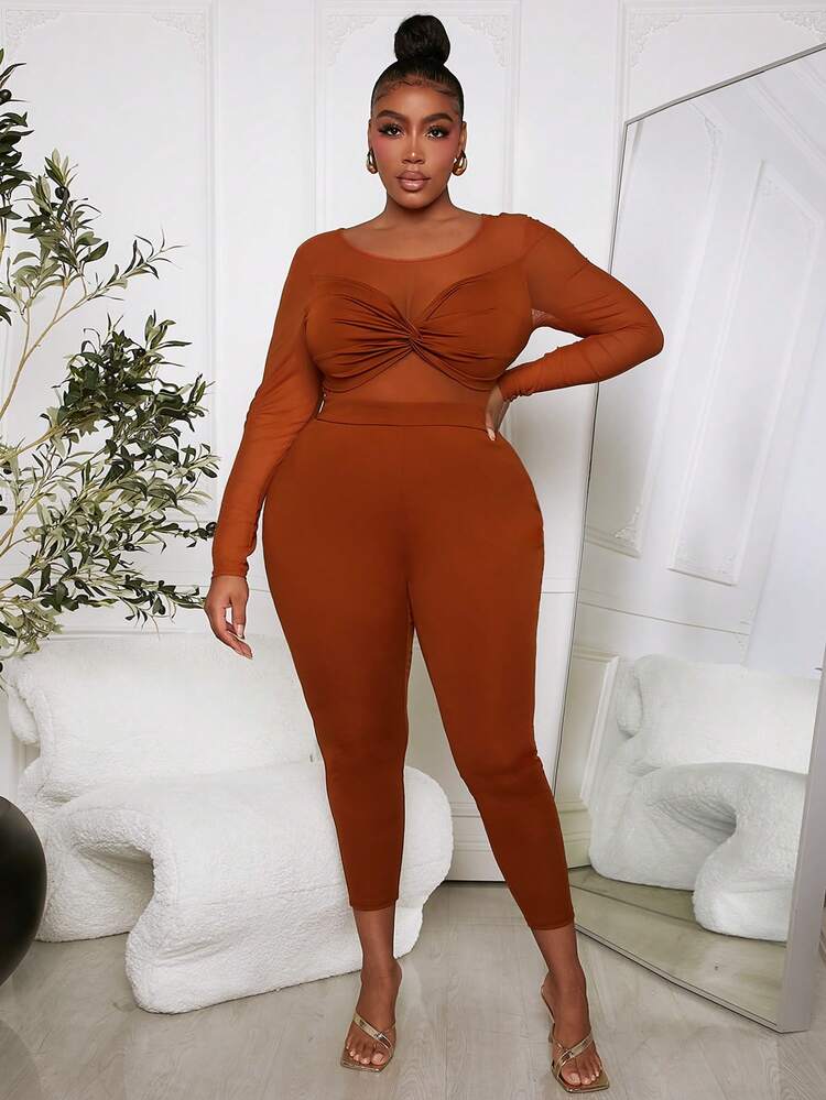 Plus Size Women'S Mesh Contrast Twisted Jumpsuit