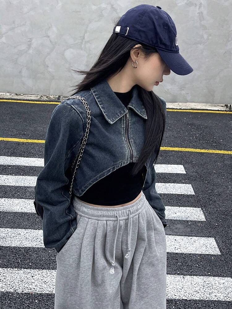 Women's Zipper Front Cropped Denim Jacket