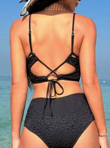 SHEIN Swim Women's Leopard Jacquard Cami Two-Piece Bikinis Set Carnival Summer - Black - View 2