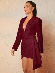 SHEIN BAE Vestido De Señora Con Cuello Cruzado Y Color Sólido - Burdeos - Ver 6