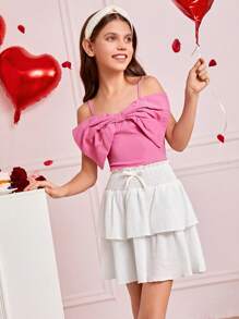Tween Girls' Woven Solid Color Spaghetti Strap Top With Bowknot Detail And Woven Layered Skirt Set