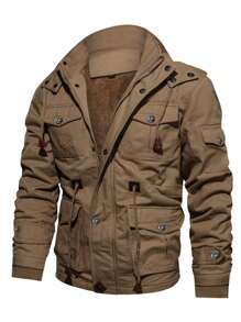 男士冬季外套,休閒風格貨物夾克,厚款多個口袋,可拆卸帽子帶拉鍊外套,防風保暖 - 卡其色 - 查看 1