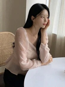 DAZY 女式甜心领口修腰长袖上衣 - 杏色 - 查看 4