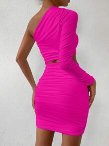 Allurite Solid Color Slim Fit Hollow Out Pleated Dress - Red Violet - View 2