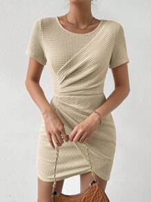Chiquease Women'S Round Neck Short Sleeves Wrap Hem Pleated Dress