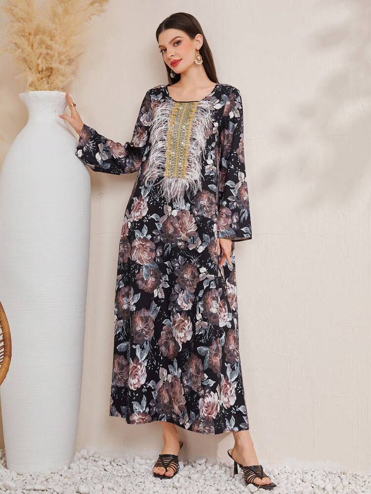 Women's Floral Printed Heat-Pressed Rhinestone & Embroidery Decor Round Neck Dress