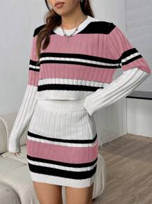 SHEIN Unity 女士條紋圖案長袖毛衣和針織裙2件套 - 粉色 - 查看 3