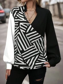 SHEIN Clasi 大尺寸色塊條紋拼接襯衫,帶有缺口式衣領 - 黑與白 - 查看 5